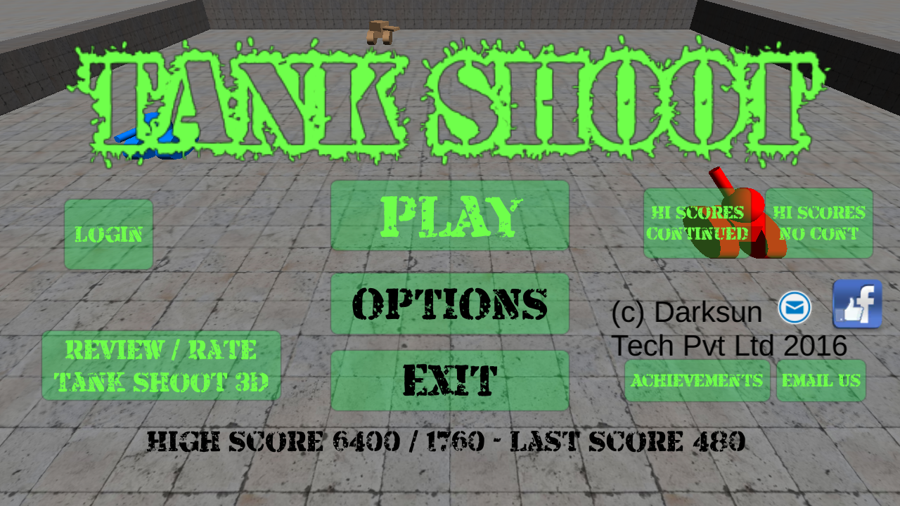 This is a screenshot of the main menu of Tank Shoot game running on an Android phone with 1280x720 screen resolution